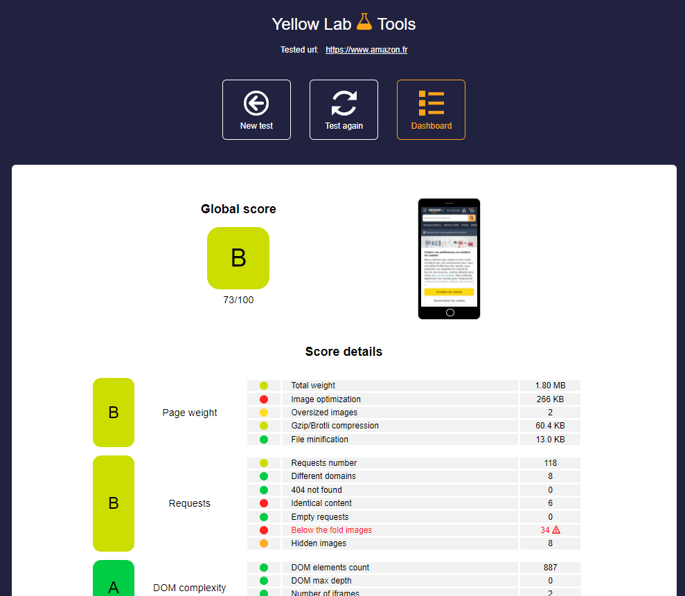 Test de vitesse et perfiormance : Page de résultats Yellow Lab Tools