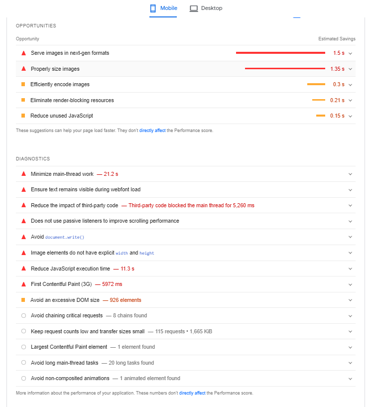 Google PageSpeed Insights - Opportunities & Diagnostics