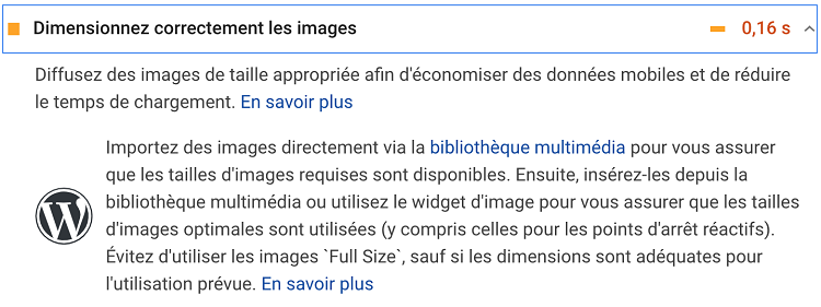 PageSpeed Insights - Test WordPress - optimisation des images
