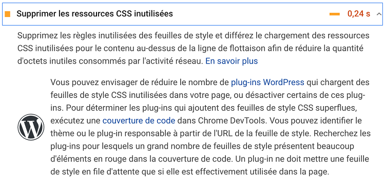 PageSpeed Insights - Test WordPress - optimisation des CSS