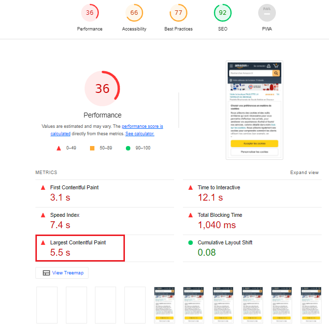 Google Lighthouse Web Performance score LCP