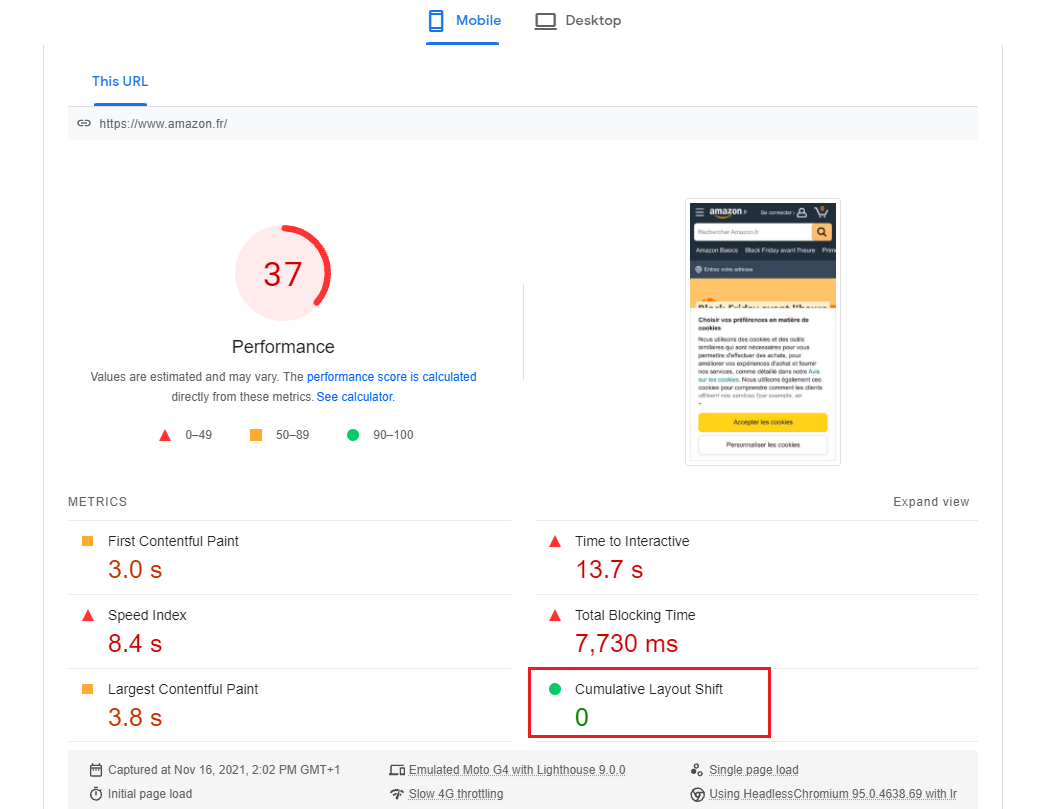Google Lighthouse - Performance score - CLS
