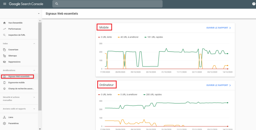 Onglet Core Web Vitals - Search Console Google - Mobile et Desktop