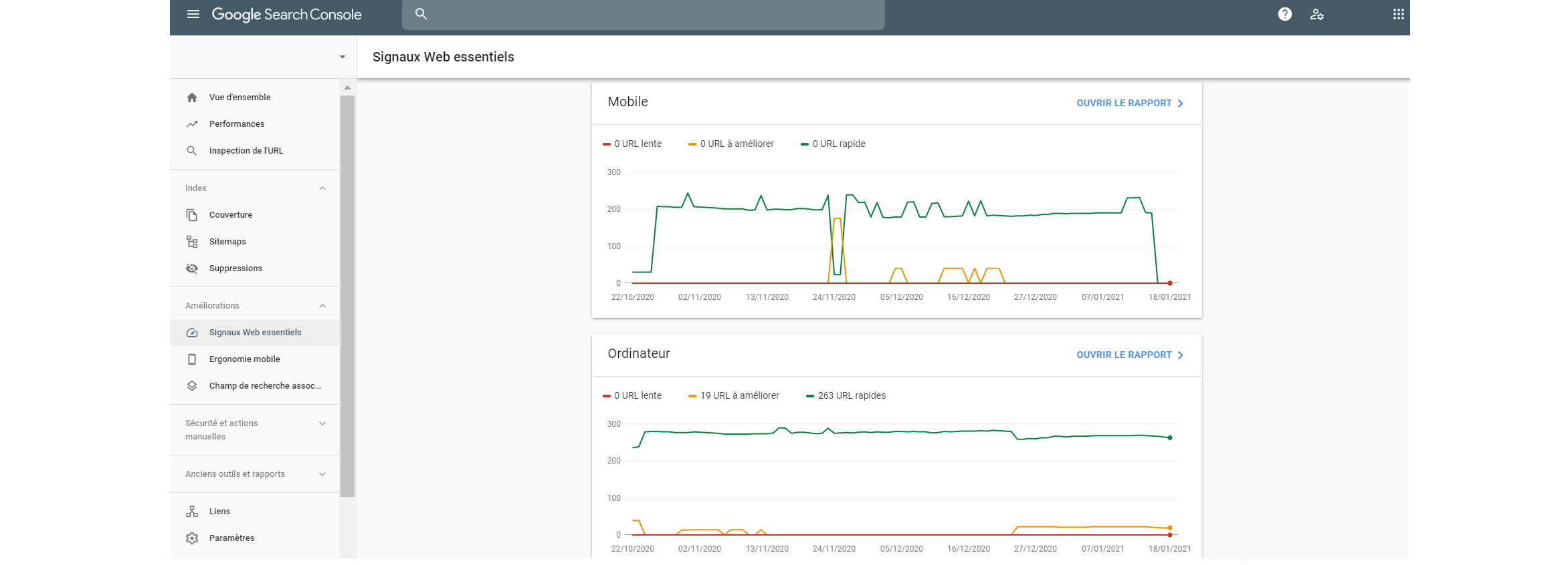 Search Console Google - Onglet Vitesse - Speed