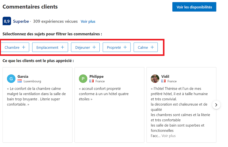 Avis client -Site Ecommerce - Hôtellerie - Voyage