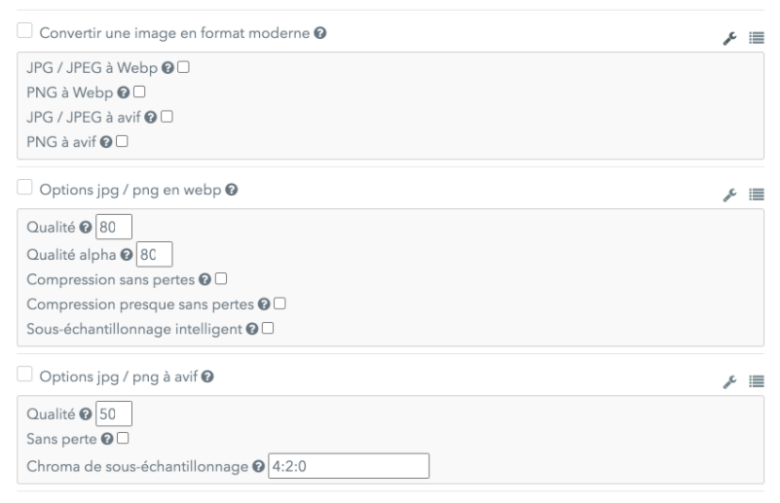 Dashboard Fasterize - Options de compression d'images WebP AVIF