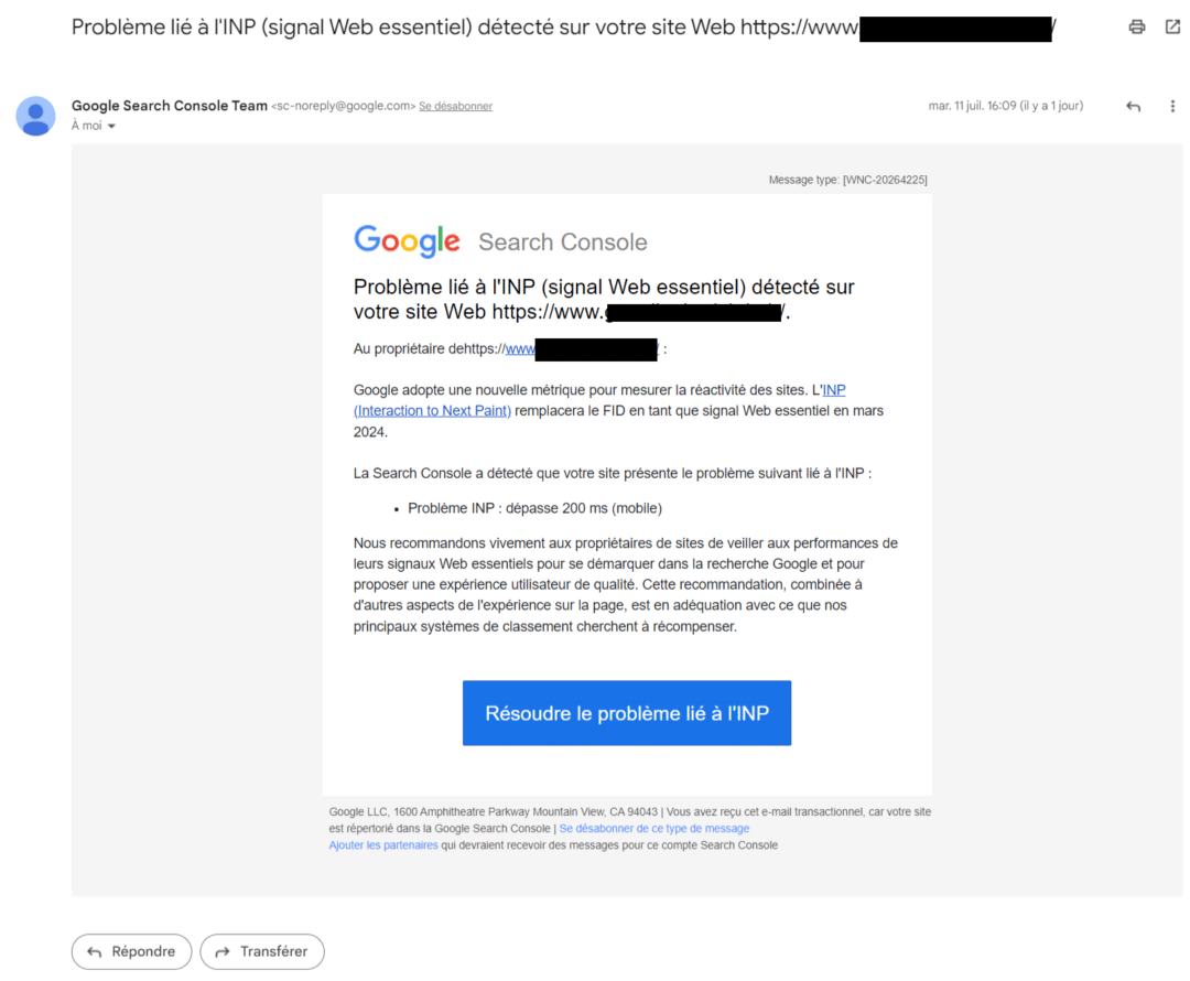 Mail de Google à propos d'un problème lié à linteraction to Next Paint - Source Abondance