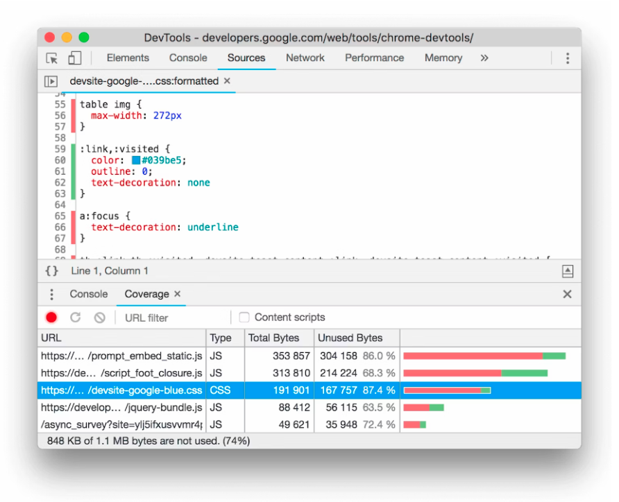 DevTools - lignes de CSS et Javascript inutilisées