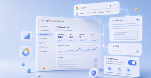Nouveau rapport IA dans Google Search Console pour mesurer la visibilité dans les AI Overviews et l'AI Mode.