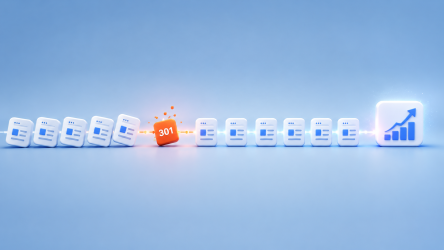 3D illustration showing a chain of pages connected by internal links, with a 301 redirect in the middle, followed by a growth chart representing SEO optimization and business impact.