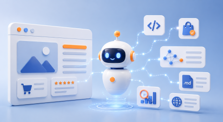 3D illustration of an AI agent connected to a web interface and several digital elements, symbolising machine understanding, automation and website optimisation for intelligent agents.