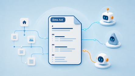 Illustration d’un fichier llms.txt connecté à une architecture de site web et à plusieurs agents IA, symbolisant l’organisation du contenu pour les intelligences artificielles.