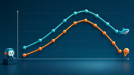 3D banner showing two performance curves with a shark and an ice cream icon, illustrating the difference between correlation and causality in web performance analysis.