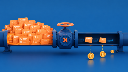 3D banner showing an SEO pipeline blocked by a valve, with opportunities piling up and business value being lost.